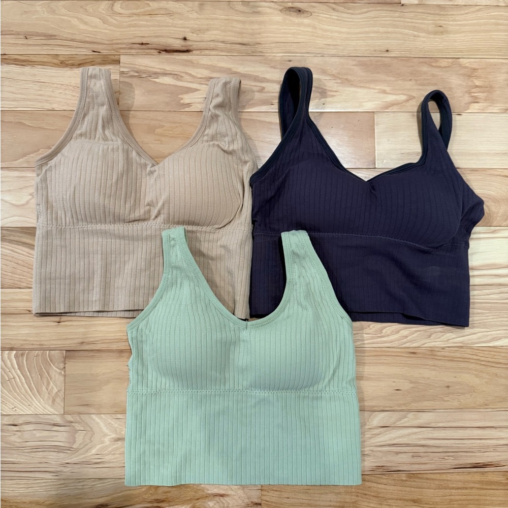 Set of Three Ribbed Bralettes in Black, Tan, and Green